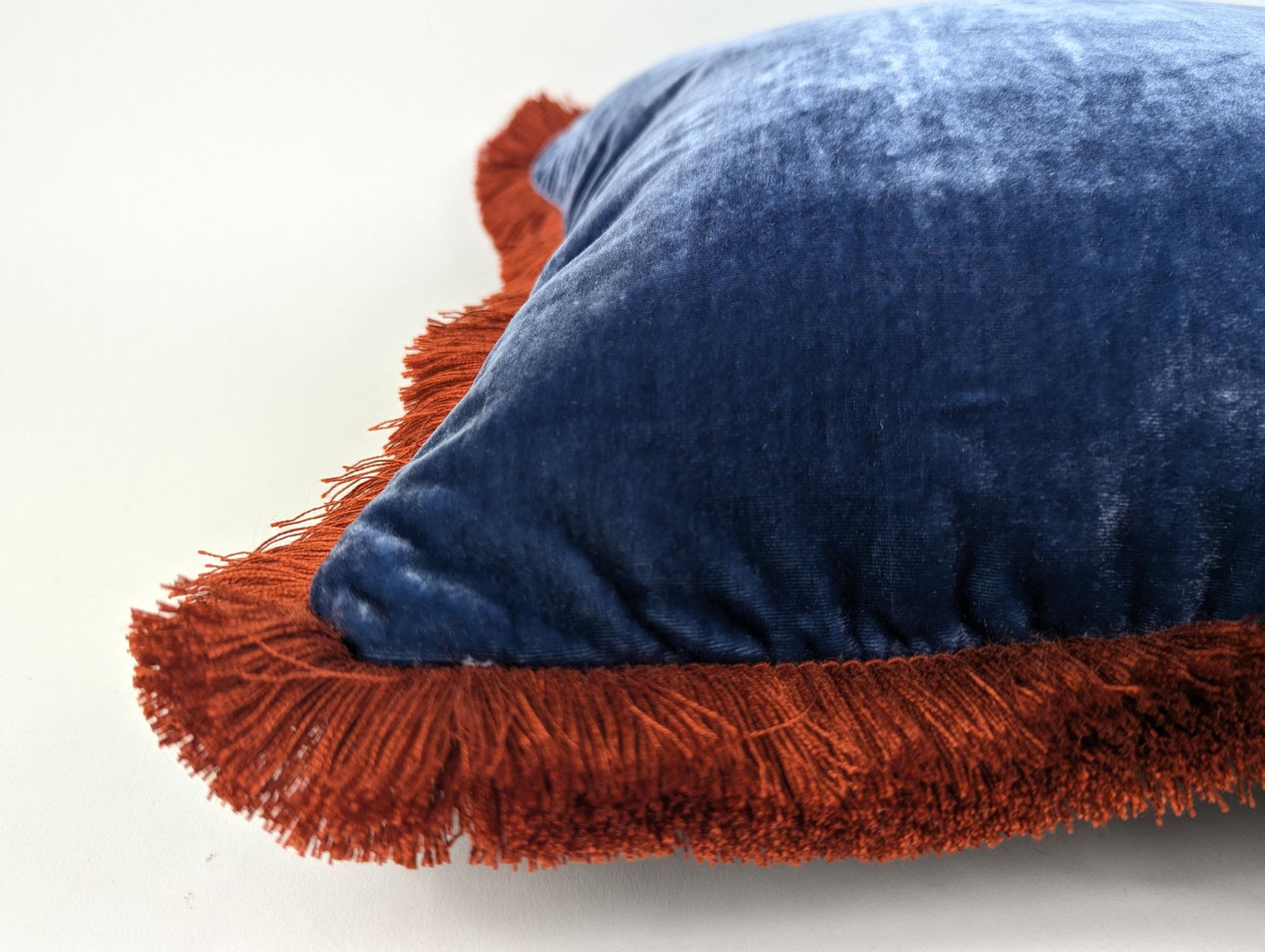 Velvet Throw Pillow, Silk Velvet Cushion, Blue with Rusty Orange Fringe Trim