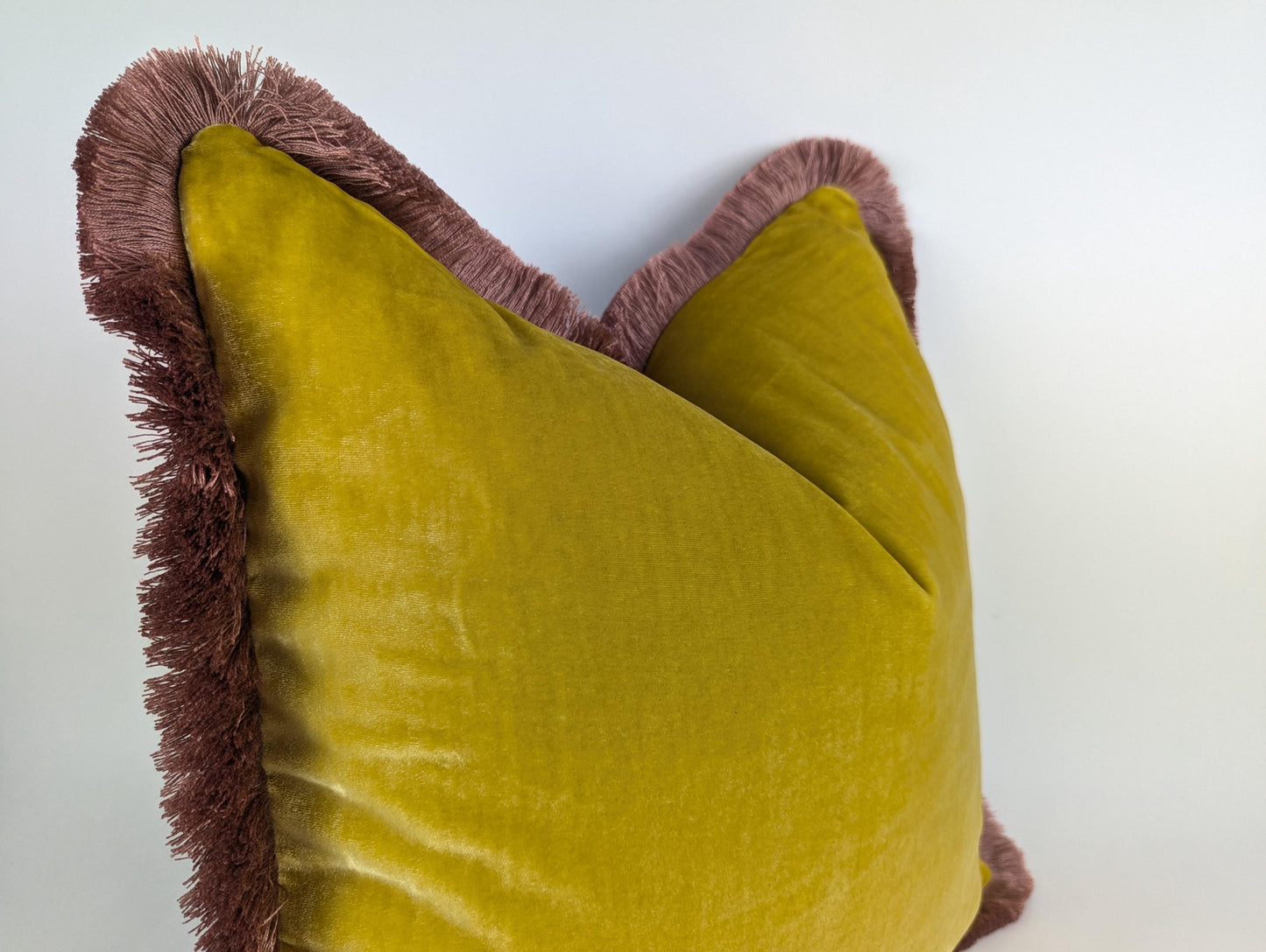 velvet Throw Pillow, Silk Velvet Cushion, Spring Yellow with Dusty Pink Fringe Trim