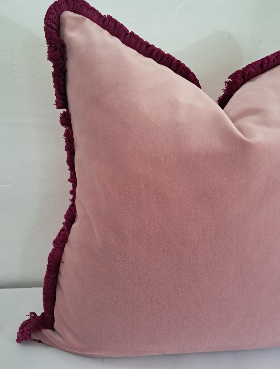 Velvet Throw Pillow Cover, Pink Cotton Velvet Cushion, Dusty Pink with Fuschia Fringe