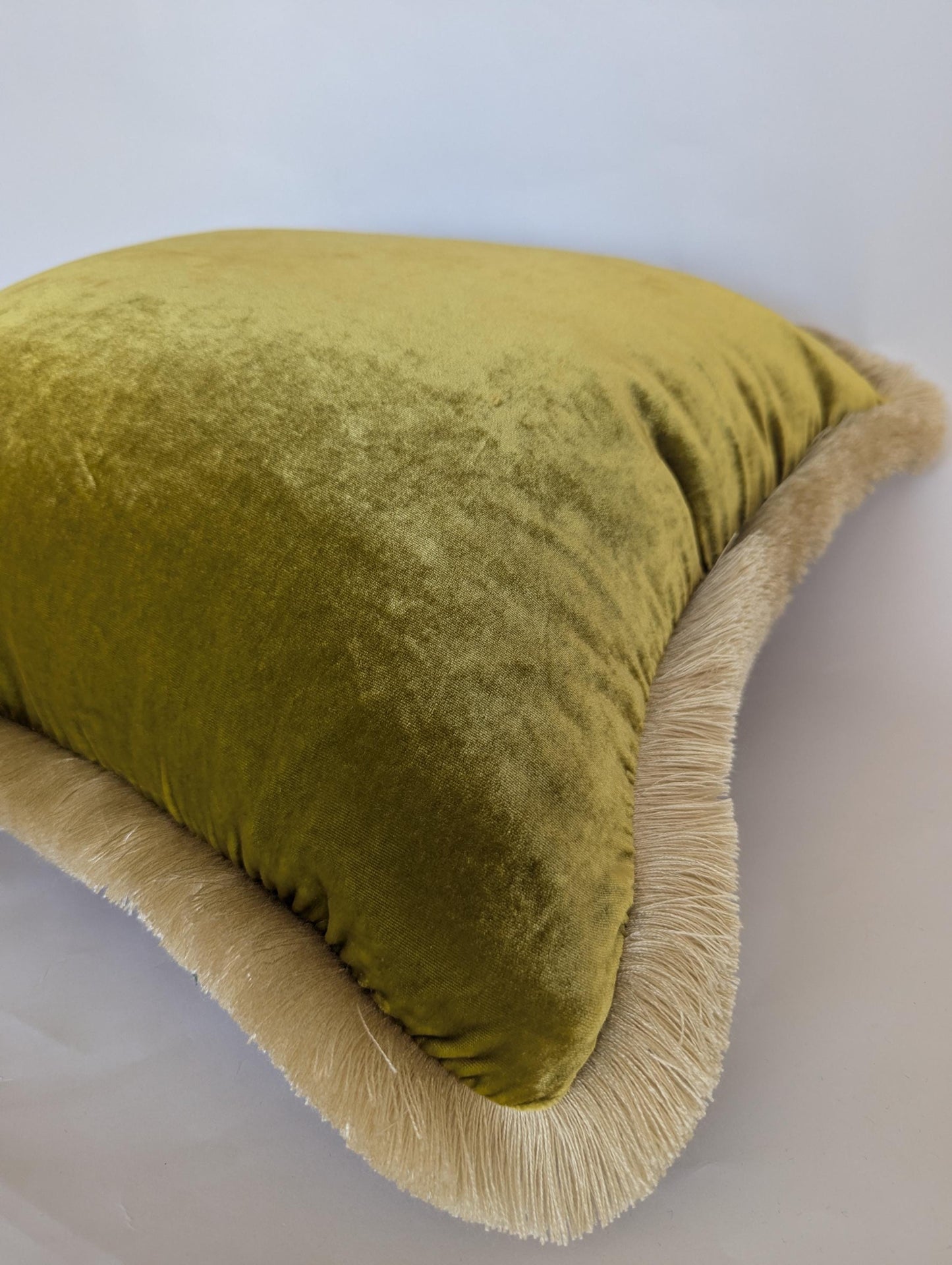 Velvet Pillow Cover, Silk Velvet Cushion, Citrine with Ivory Fringe Trim