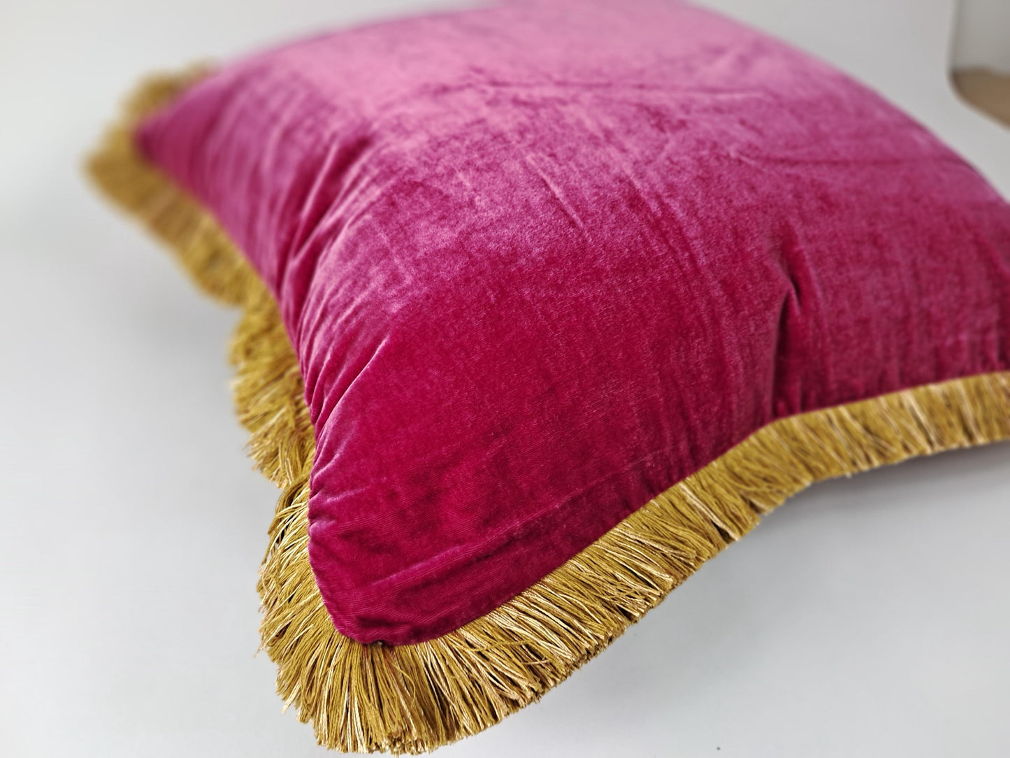 Velvet Throw Pillow, Silk Velvet Cushion, Cerise Pink with Gold Fringe Trim
