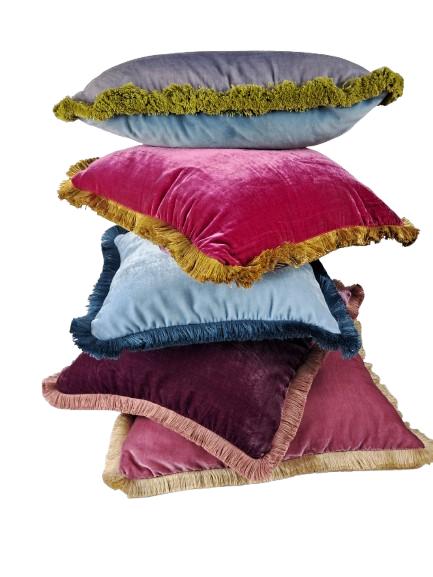 Purple Silk Velvet Pillow Covers - Purple with Dusty Pink Fringe Cushion