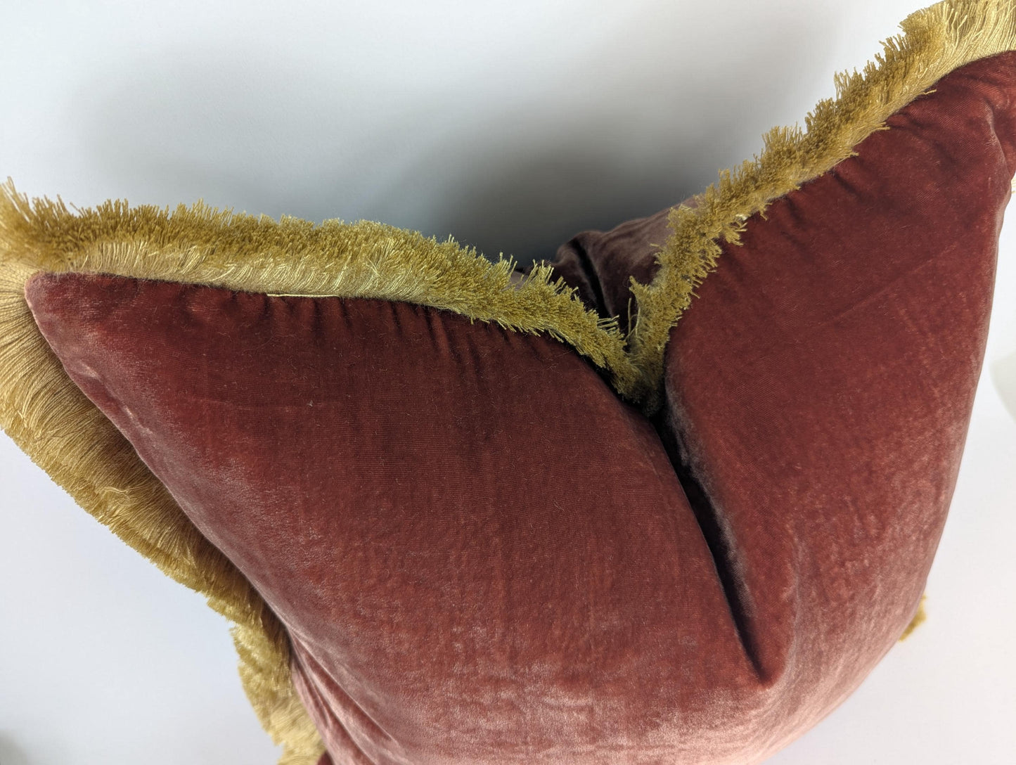 Brown Silk Velvet Lumbar Pillow, Gold Fringe Trim Cushion