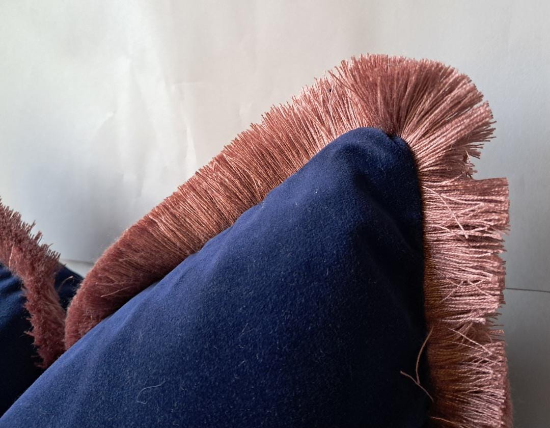Velvet Pillow Cover, Navy Cotton Velvet Cushion, Midnight Blue with Dusty Pink Fringe