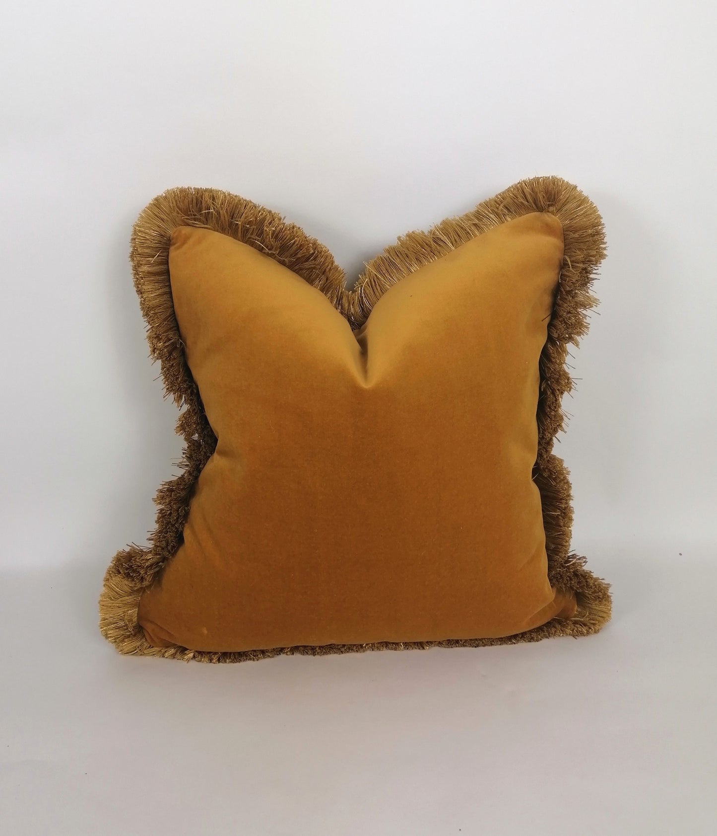 Mustard Velvet Throw Pillow - Gold Fringe Cushion