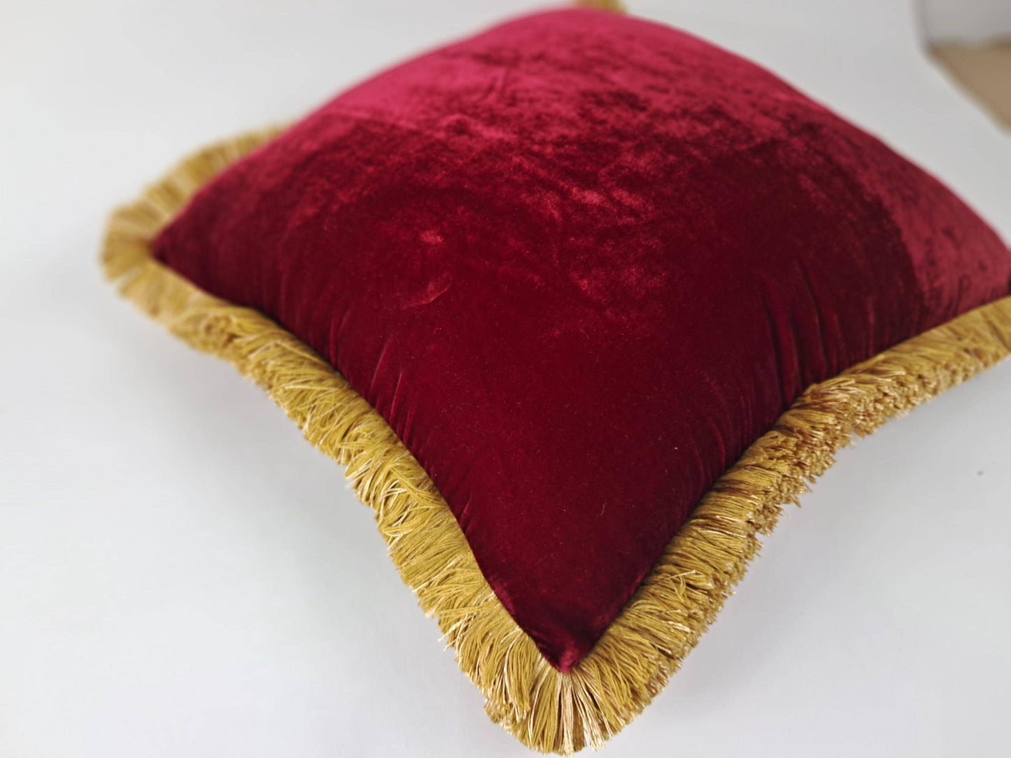 Velvet Pillow Cover, Silk Velvet Cushion, Redcurrant with Gold Fringe Trim