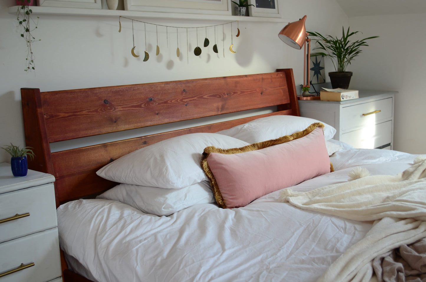 Long Lumbar Pillow, Long Lumber Velvet Cushion, Blush Pink with Gold Fringe
