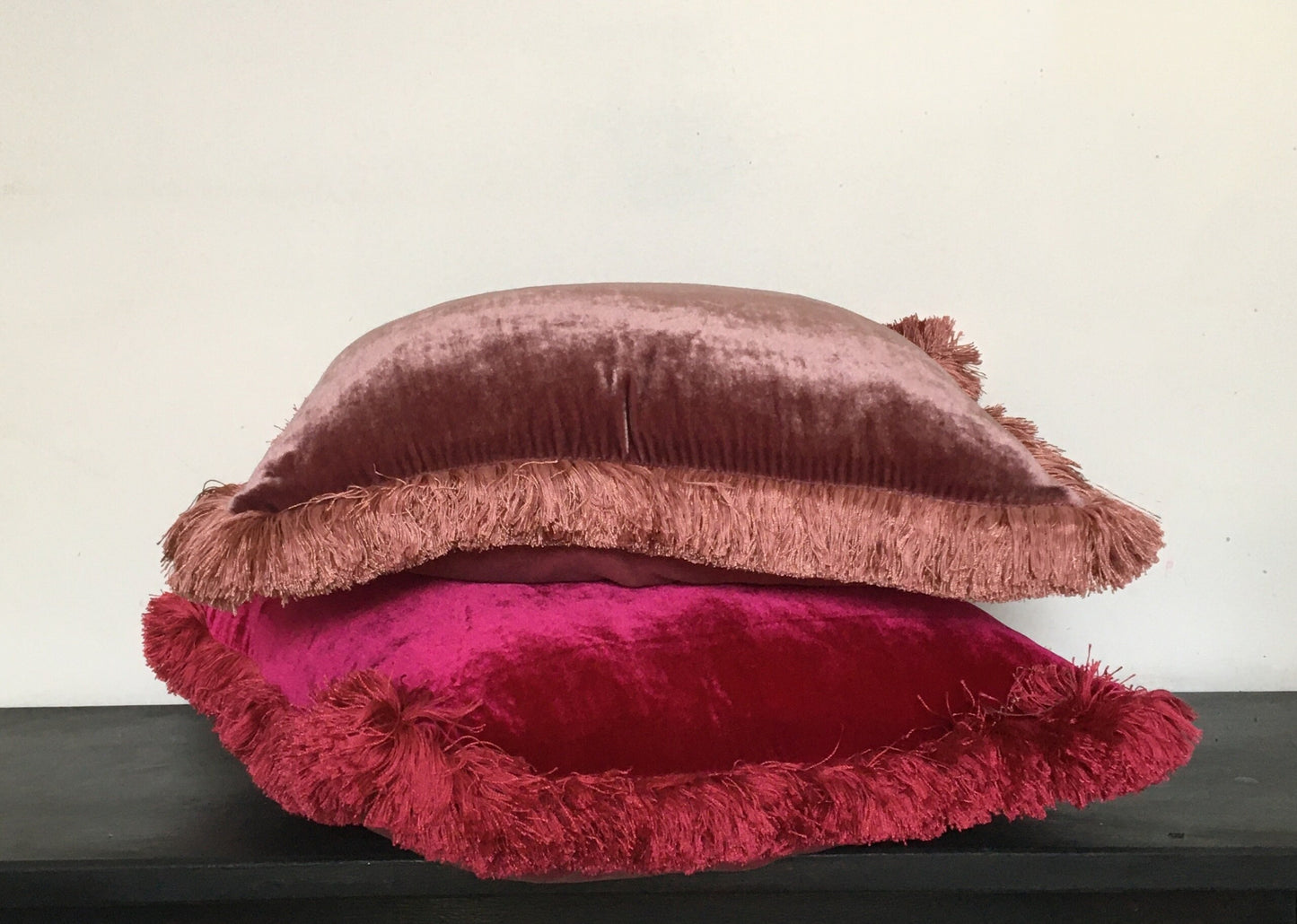 Silk Velvet Throw Pillow - Dusty Rose Pink Velvet Fringe Cushion