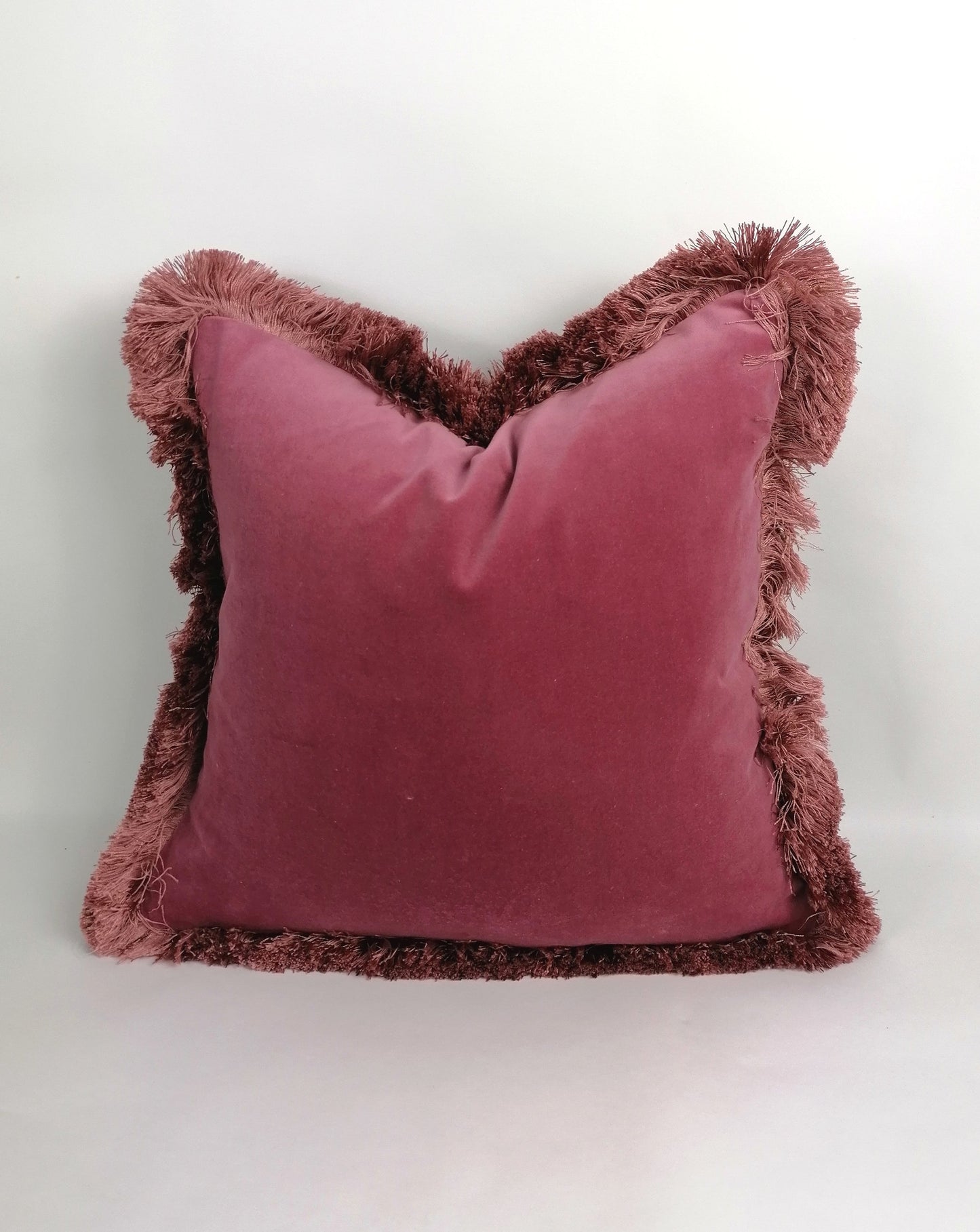 Silk Velvet Throw Pillow - Berry Pink Velvet Fringe Cushion