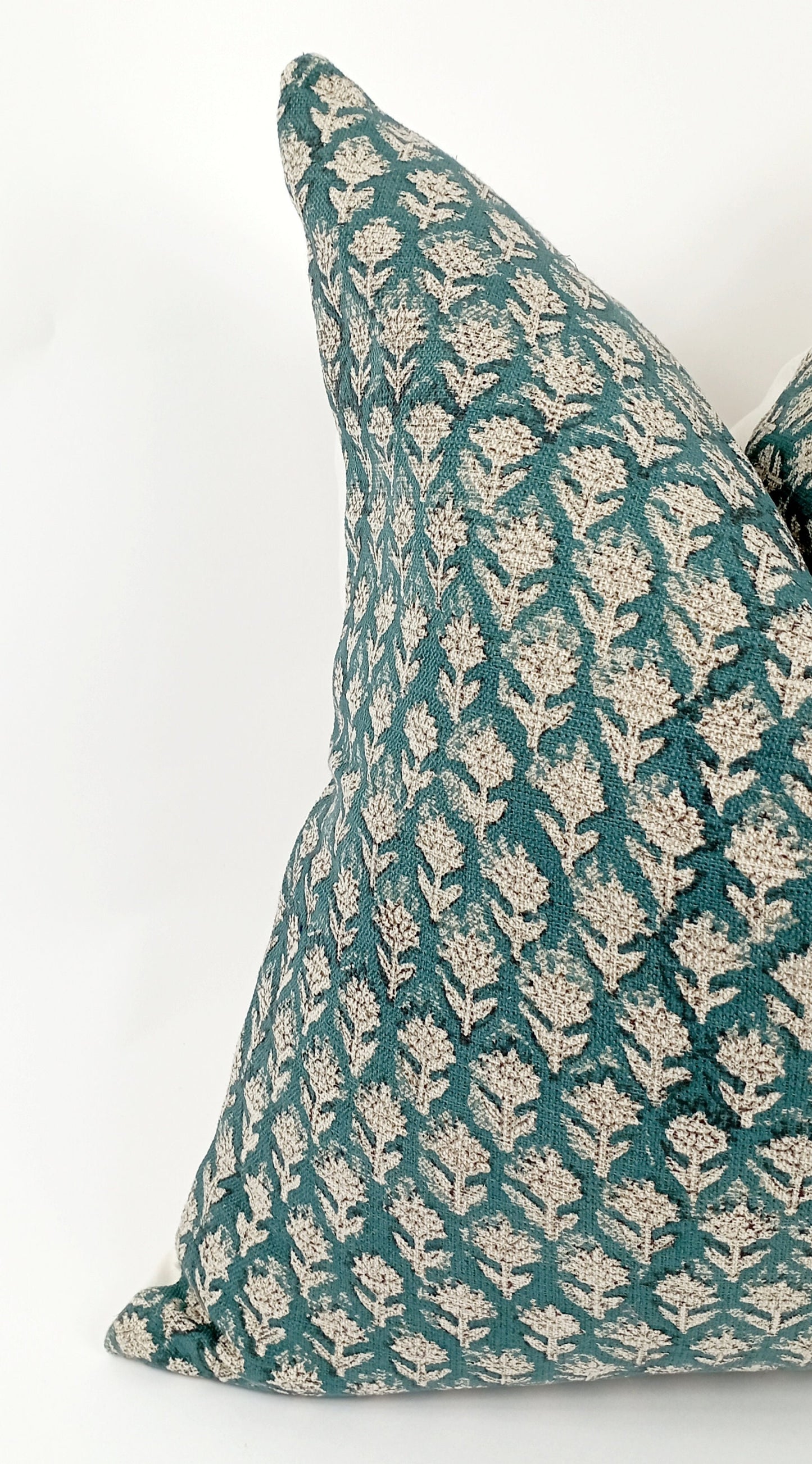 Teal Floral Pillow - Stylish Block Print Pillow With Invisible Zipper Cushion