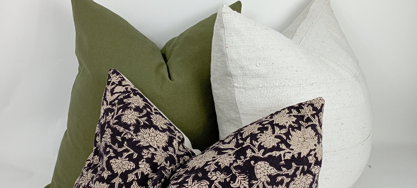 Block Print Pillow – Black Floral Designer Cushion With Linen & Cotton Canvas Backing