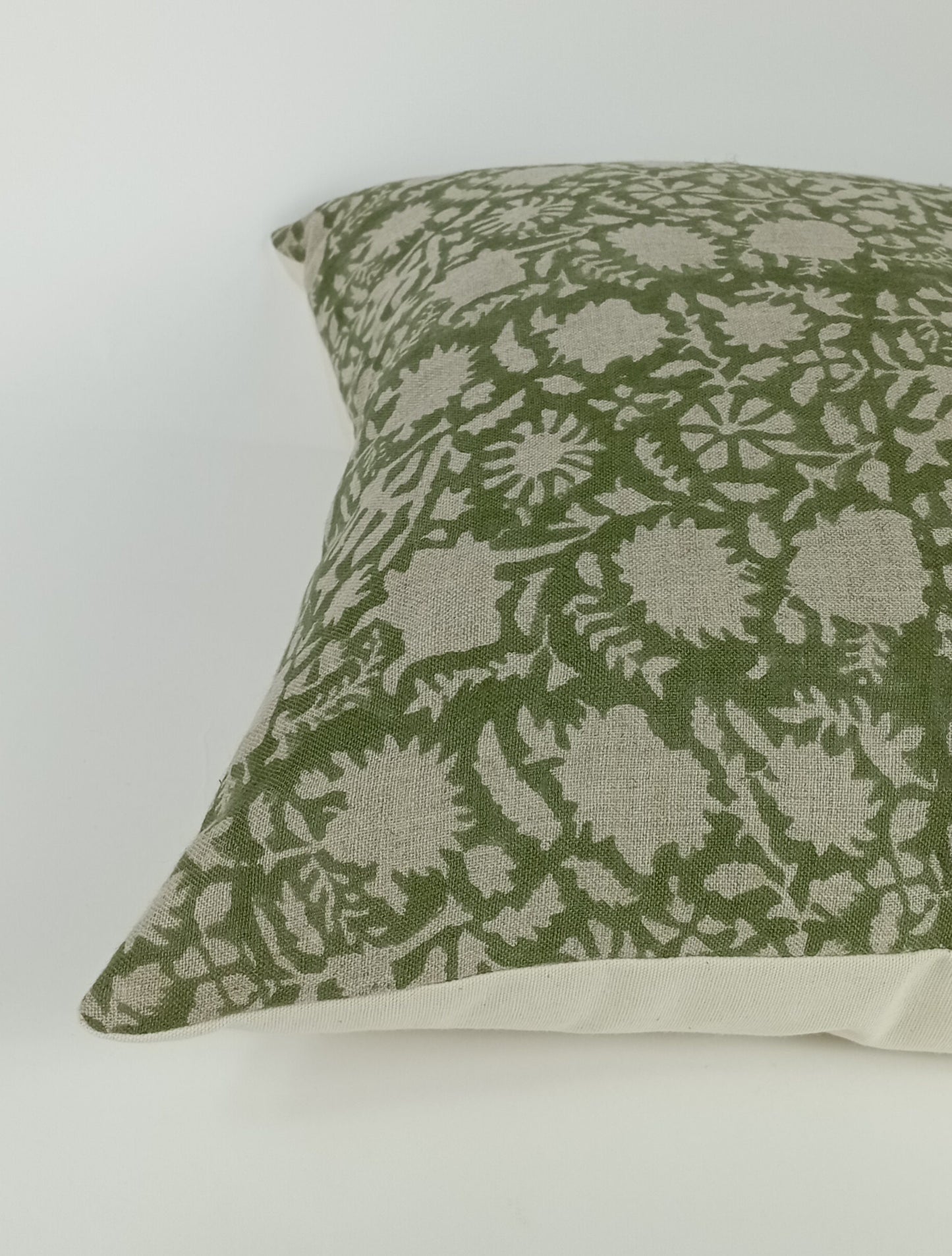 Green Floral Pillow - Hand Printed Block Print Cushion With Linen & Cotton Canvas