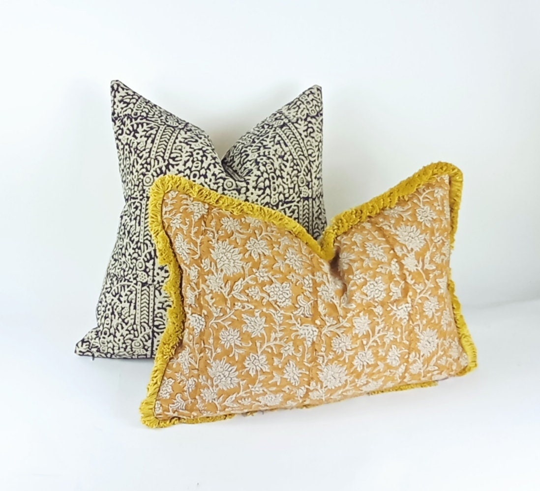 Block Print Pillow - Mustard Linen Cushion With Floral Hand Printed Fabric & Cotton Fringe
