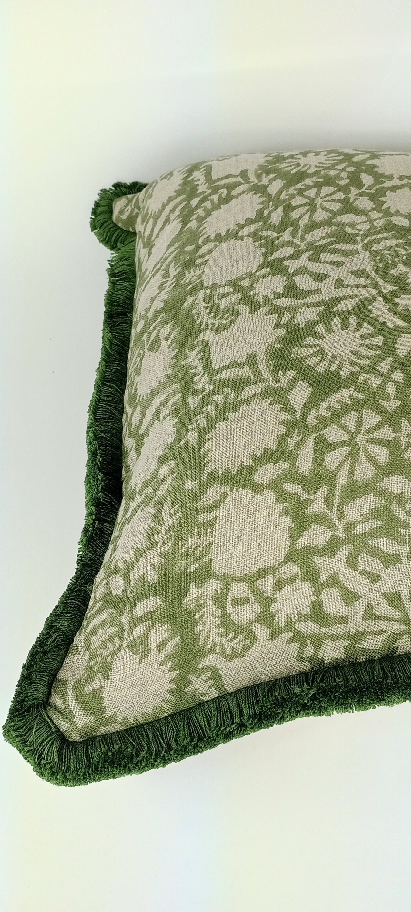 Green Block Print Pillow – Floral Block Cushion With Soft Fringed Trim