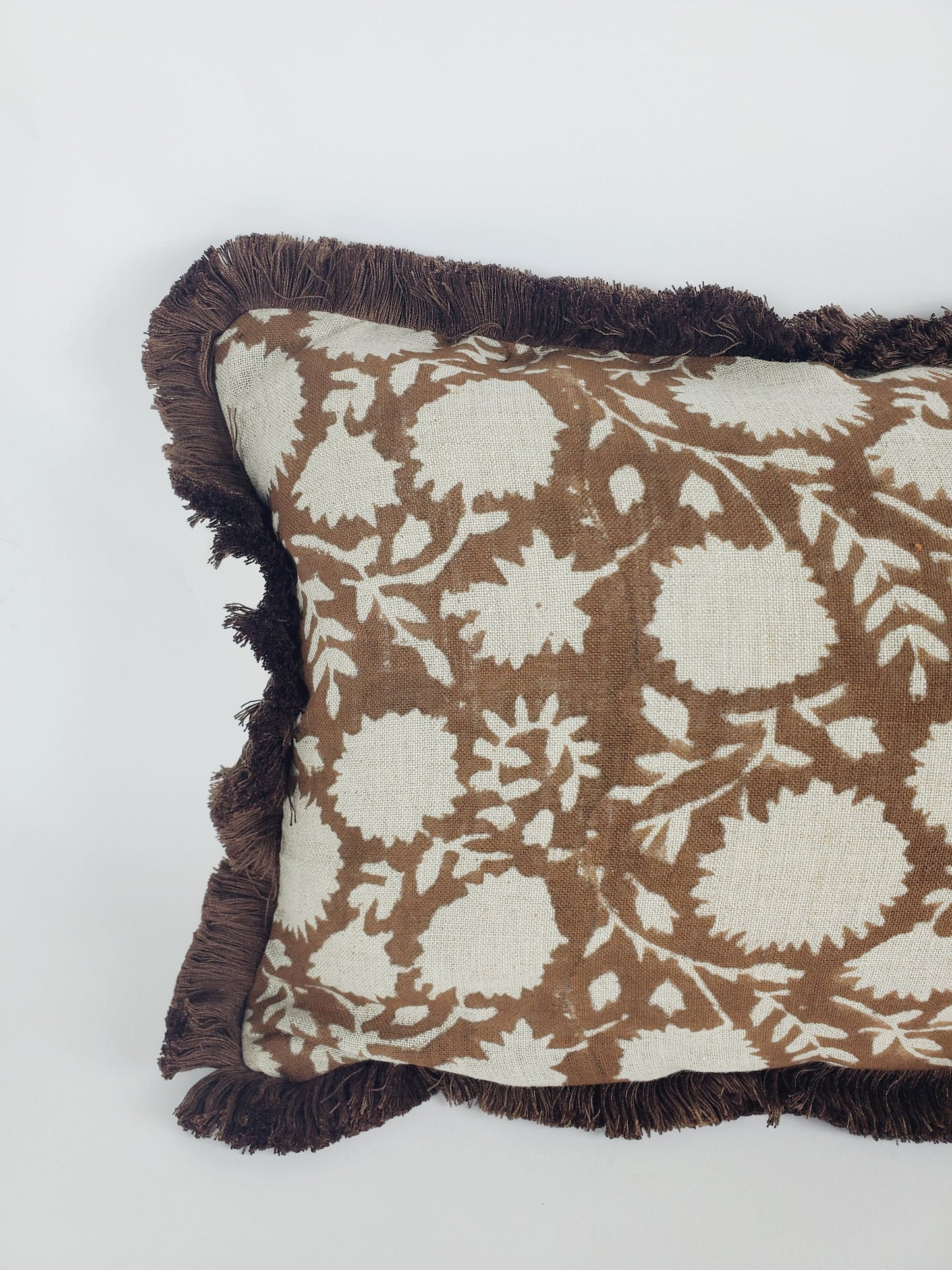 Brown Block Print Pillow - Indian Floral Fabric Cushion With Cotton Fringe