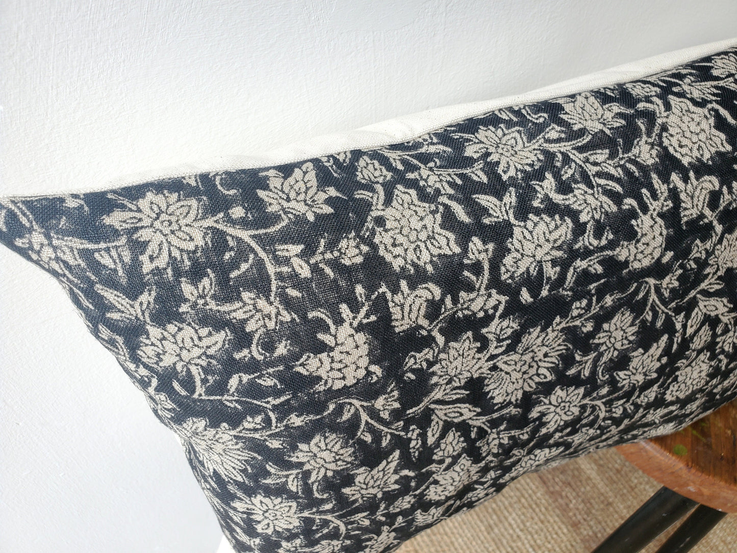 Block Print Pillow - Long Lumbar Linen Cushion With Black Floral Design