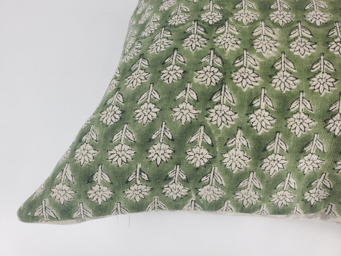 Green Block Print Pillow - Floral Linen Cushion with Cotton Canvas Backing