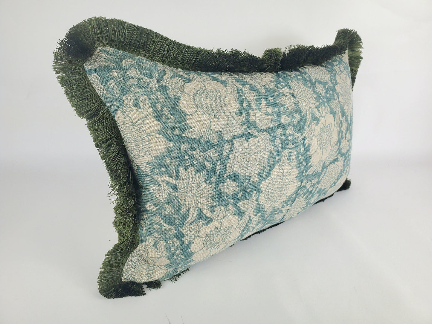 Blue Block Print Pillow – Hand Printed Linen Cover With Floral Pattern & Fringe Trim