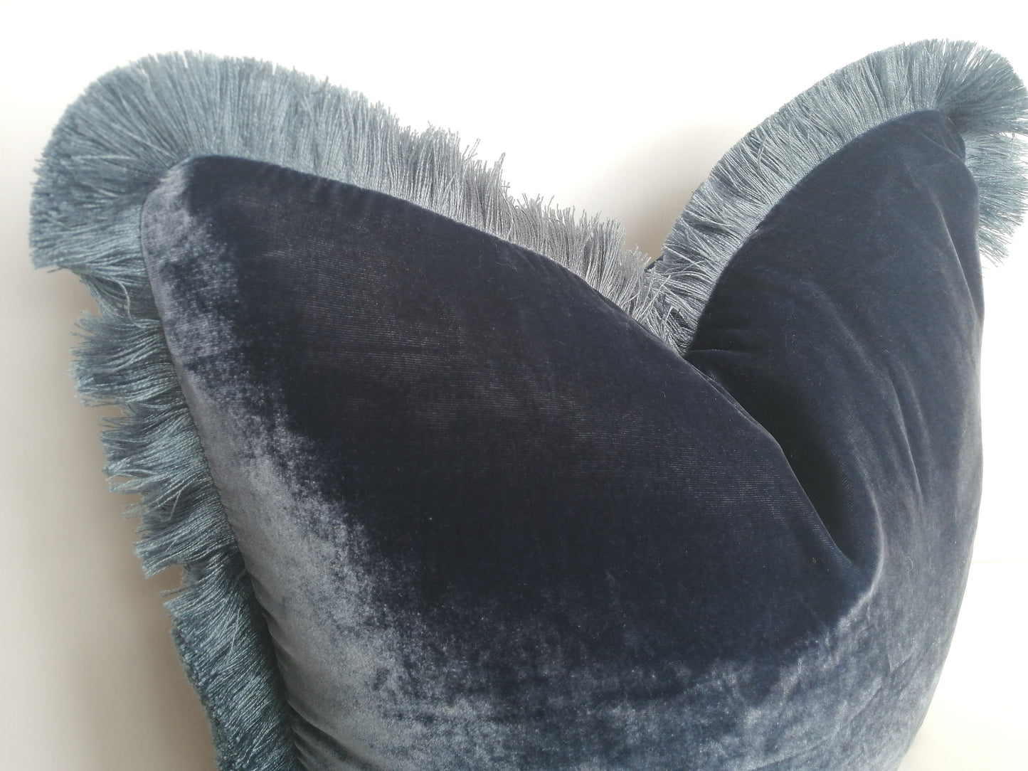 Navy Velvet Pillow, Silk Velvet Cushion, Navy with Dusty Blue Fringe Trim