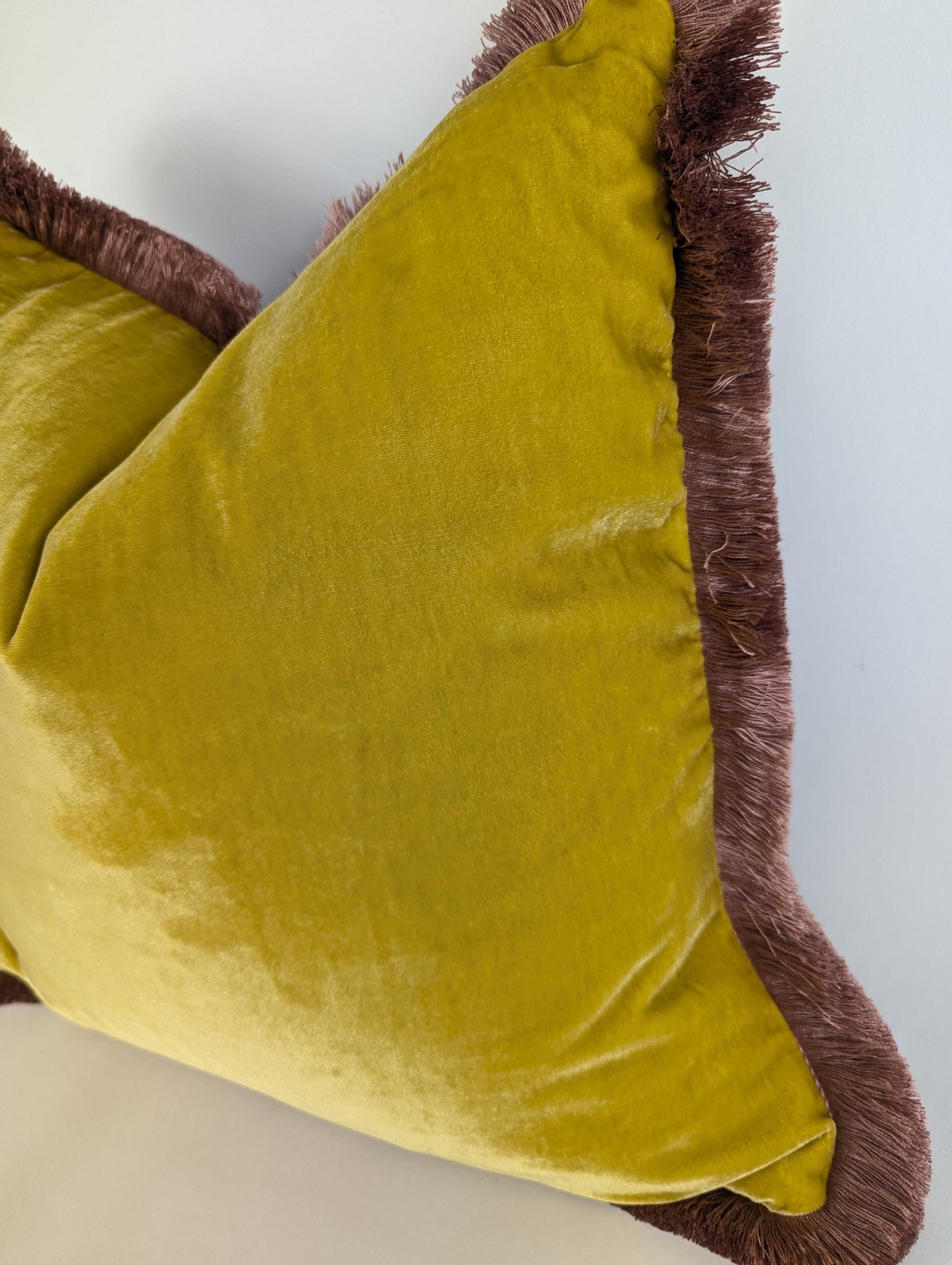 velvet Throw Pillow, Silk Velvet Cushion, Spring Yellow with Dusty Pink Fringe Trim