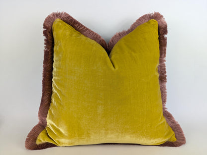 velvet Throw Pillow, Silk Velvet Cushion, Spring Yellow with Dusty Pink Fringe Trim