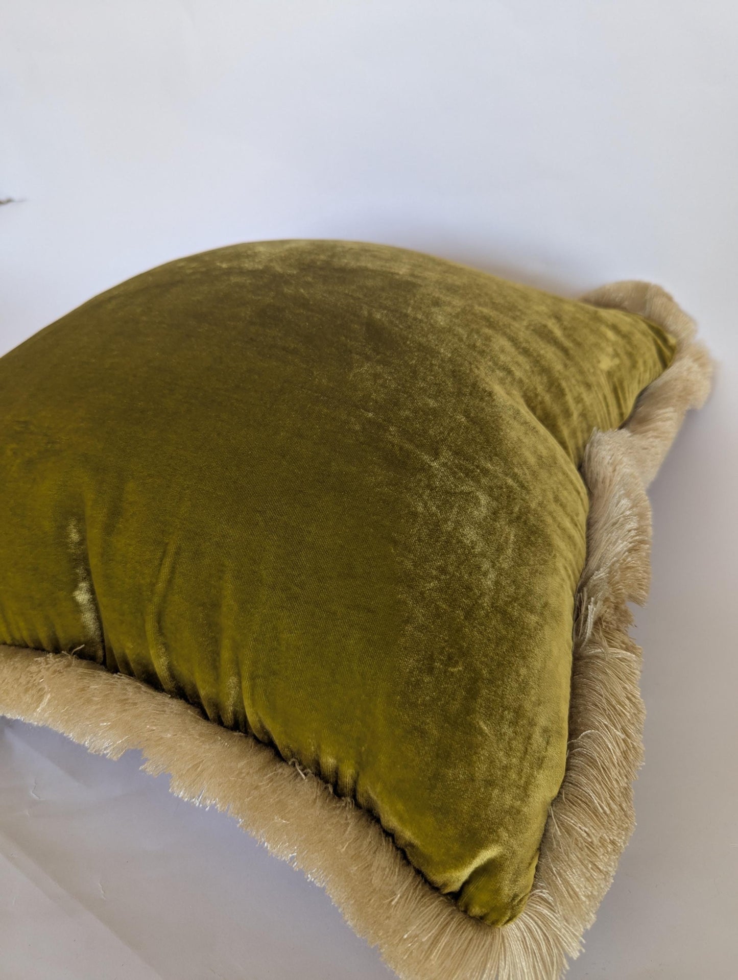 Velvet Pillow Cover, Silk Velvet Cushion, Citrine with Ivory Fringe Trim