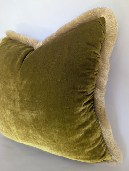Velvet Pillow Cover, Silk Velvet Cushion, Citrine with Ivory Fringe Trim