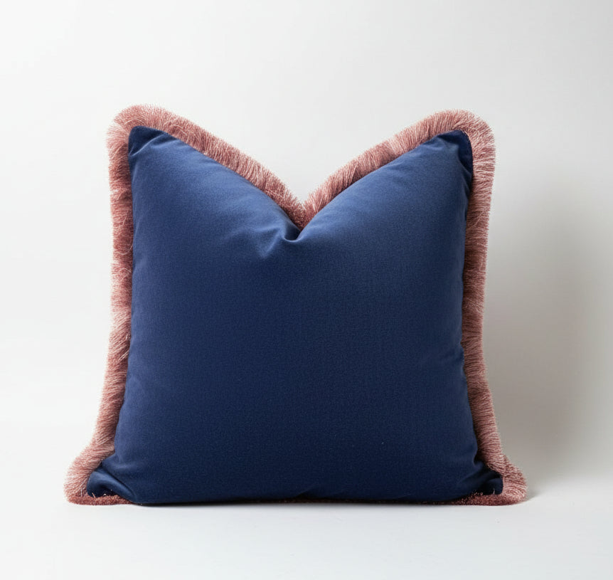 Velvet Pillow Cover, Navy Cotton Velvet Cushion, Midnight Blue with Dusty Pink Fringe