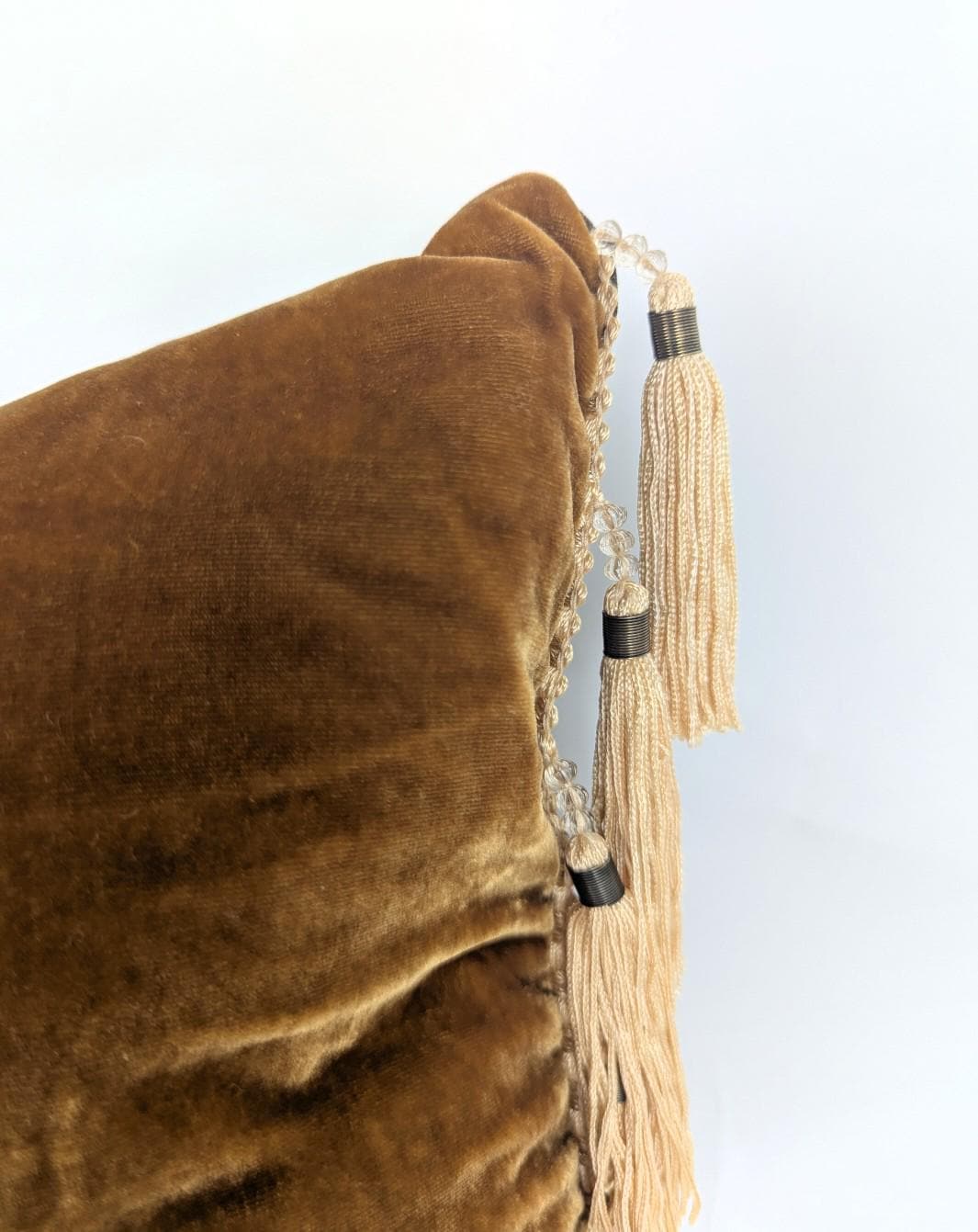 Velvet Pillow Cover, Silk Velvet Cushion, Caramel with Gold Bead Tassels