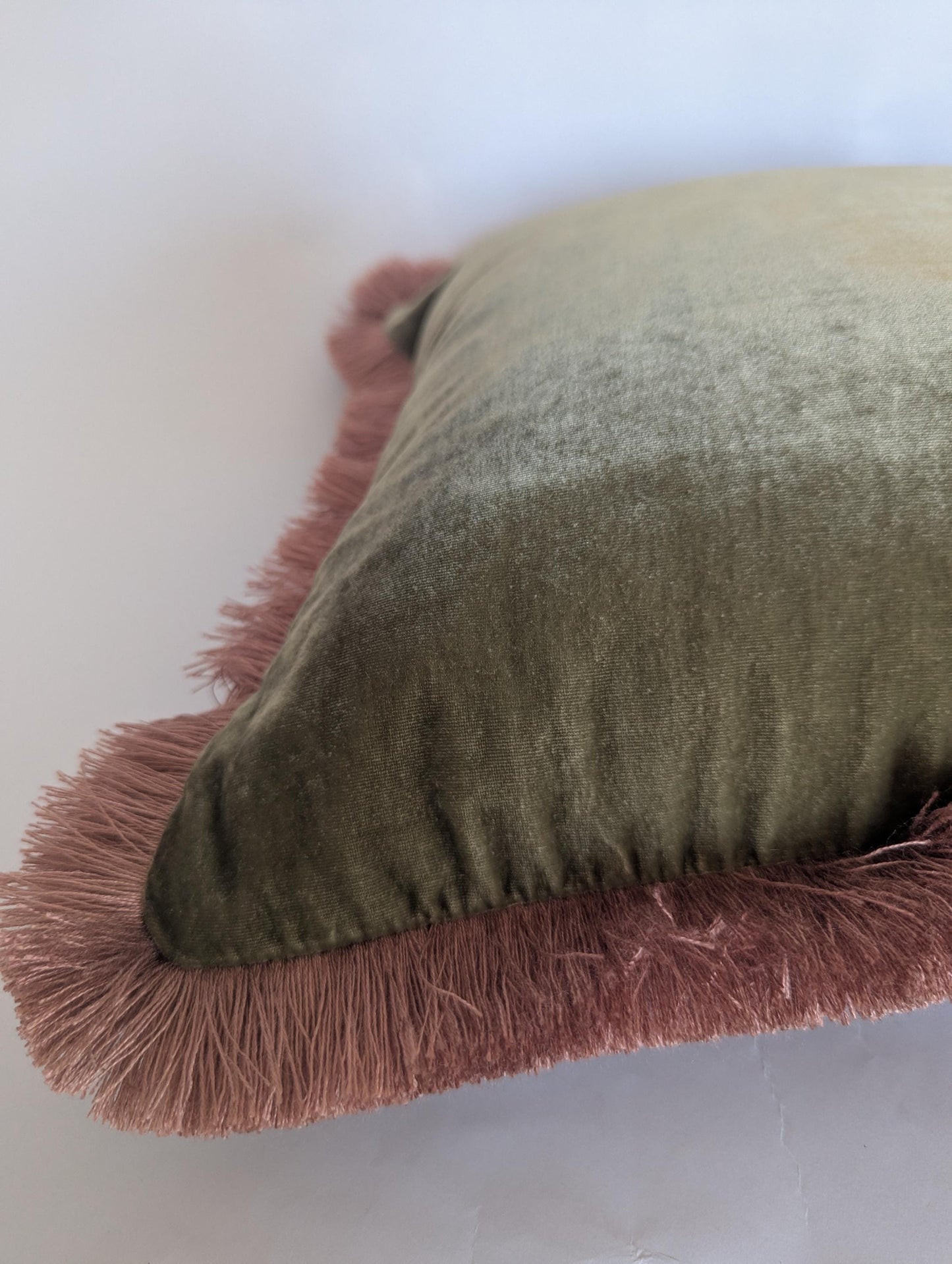 Velvet Pillow Cover, Silk Velvet Cushion, Sage Green with Dusty Pink Fringe Trim