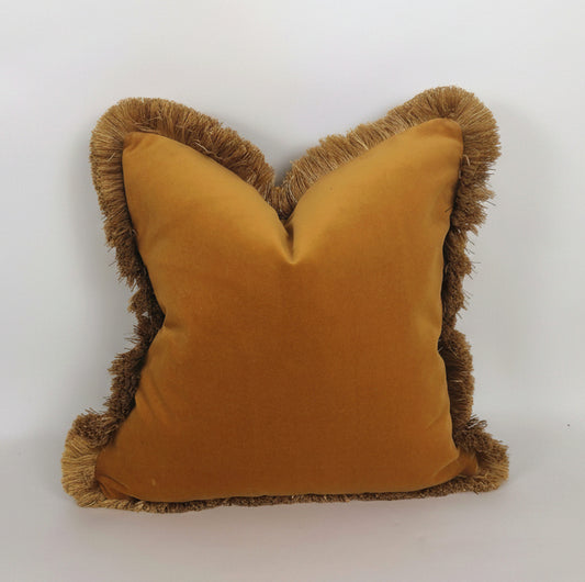 Mustard Velvet Throw Pillow - Gold Fringe Cushion