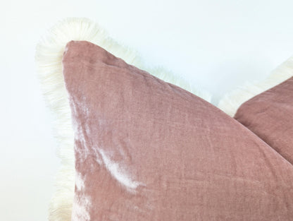 Dusty Rose Silk Velvet Pillow Cover, Fringe Cushion, Luxury Throw Pillow
