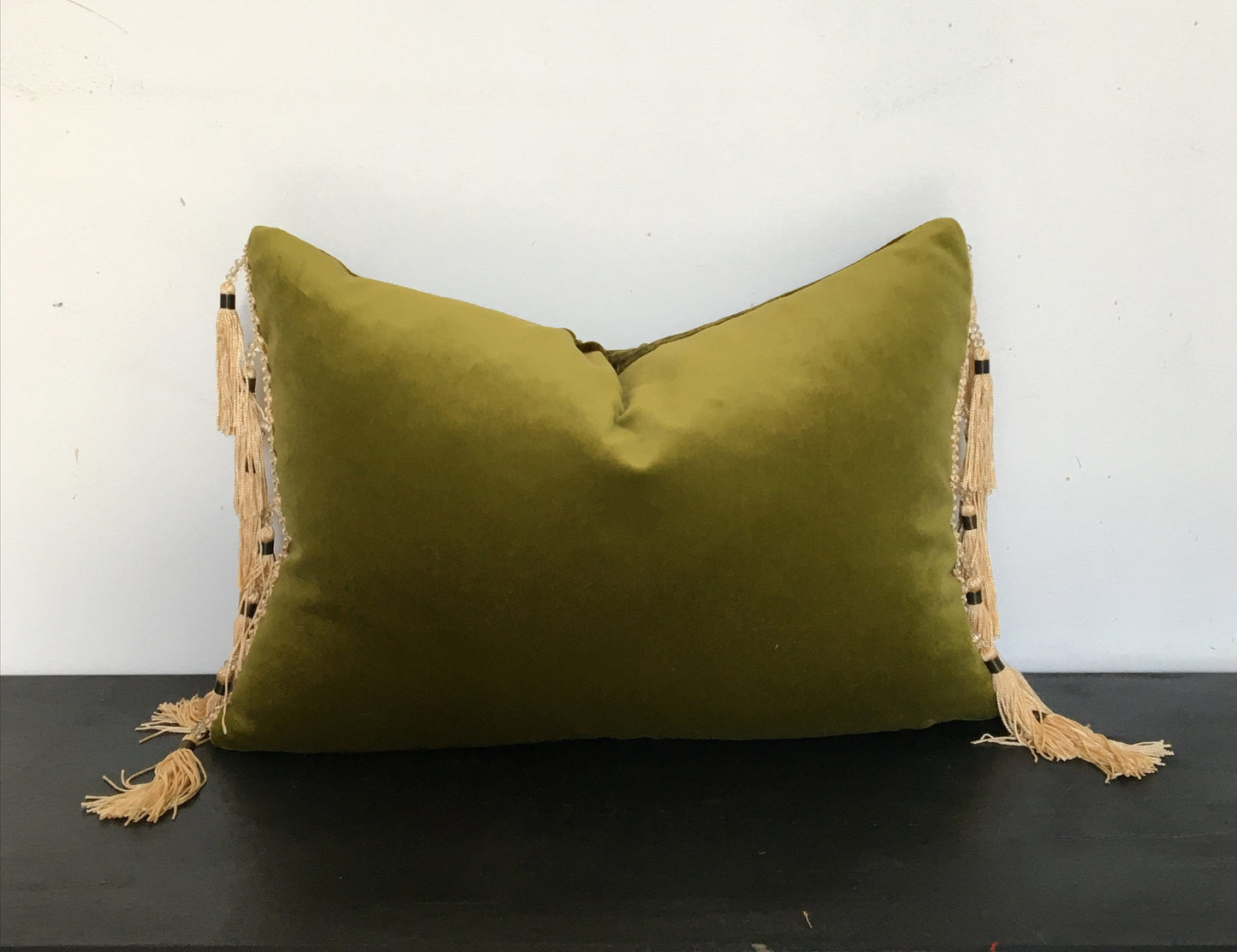Green Velvet Pillow Cover, Green Tassel Cushion, Chartreuse with Gold Bead Tassels