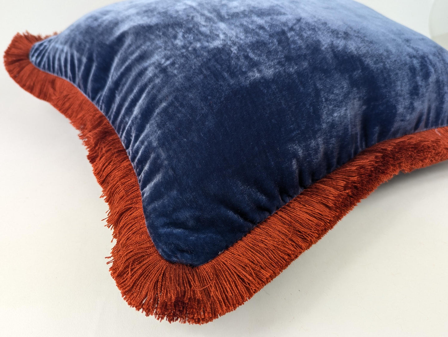 Velvet Throw Pillow, Silk Velvet Cushion, Blue with Rusty Orange Fringe Trim