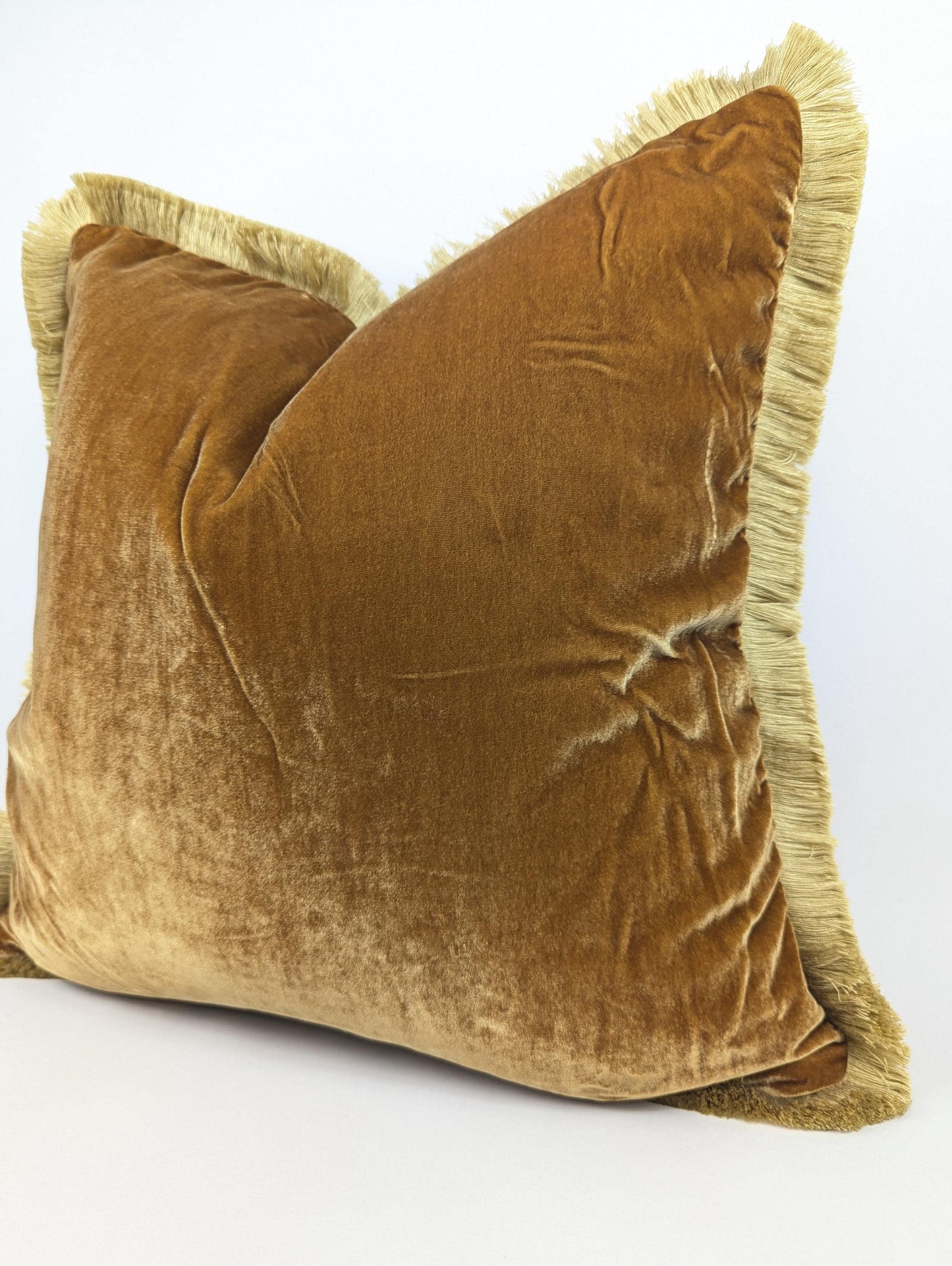 Caramel Silk Velvet Throw Pillow Cover with Fringe – Luxurious Living Room Cushion