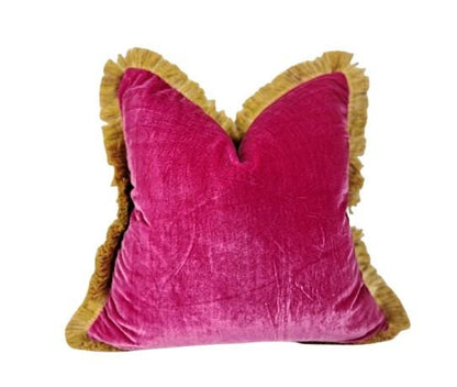 Velvet Throw Pillow, Silk Velvet Cushion, Cerise Pink with Gold Fringe Trim