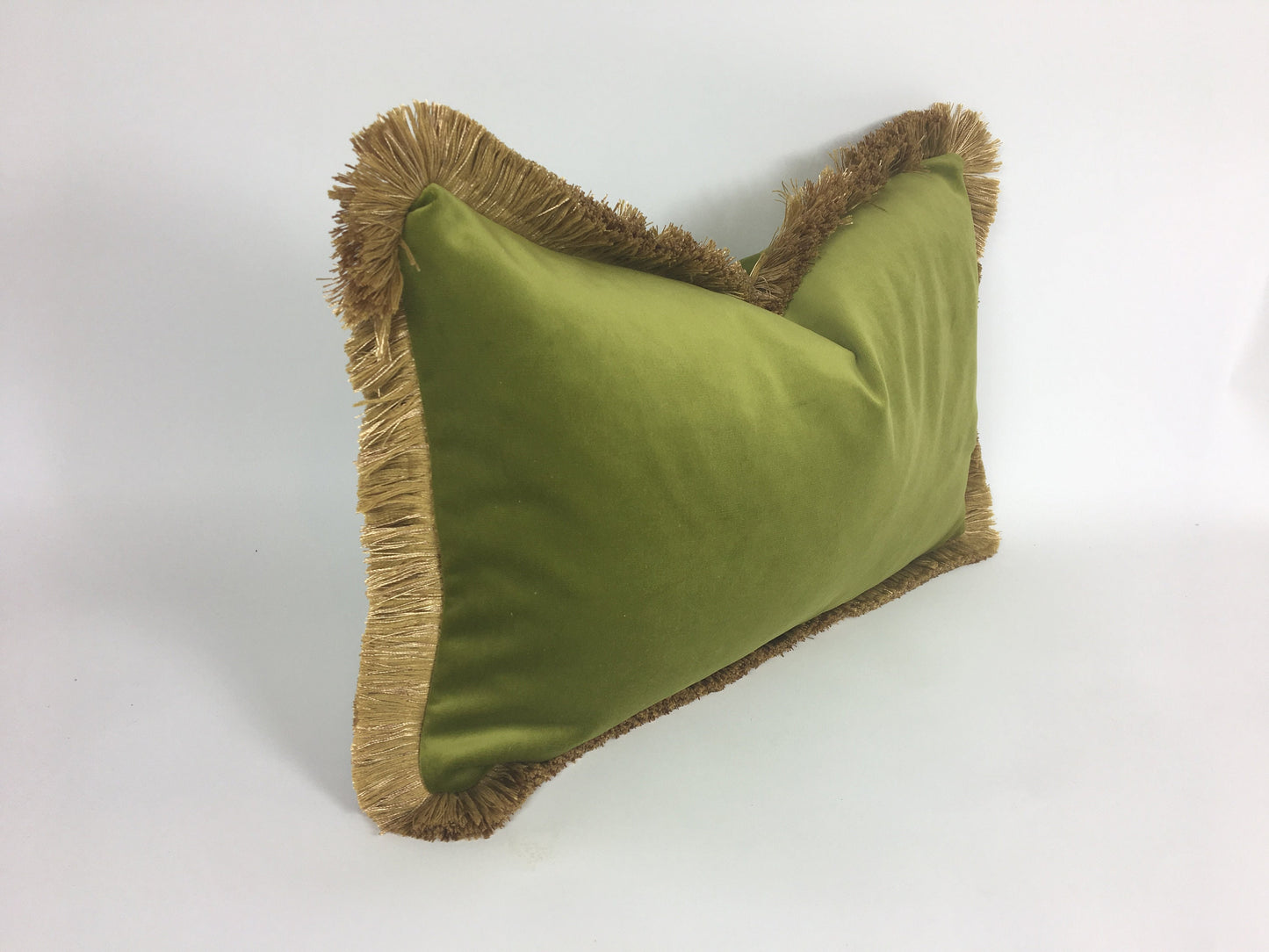 Velvet Throw Pillow Cover, Green Velvet Cushion, Olive Green with Gold Fringe