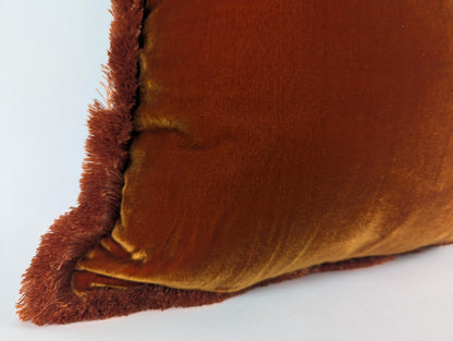 Rusty Silk Velvet Pillow Covers - Orange Fringe Cushion - Living Room Decor
