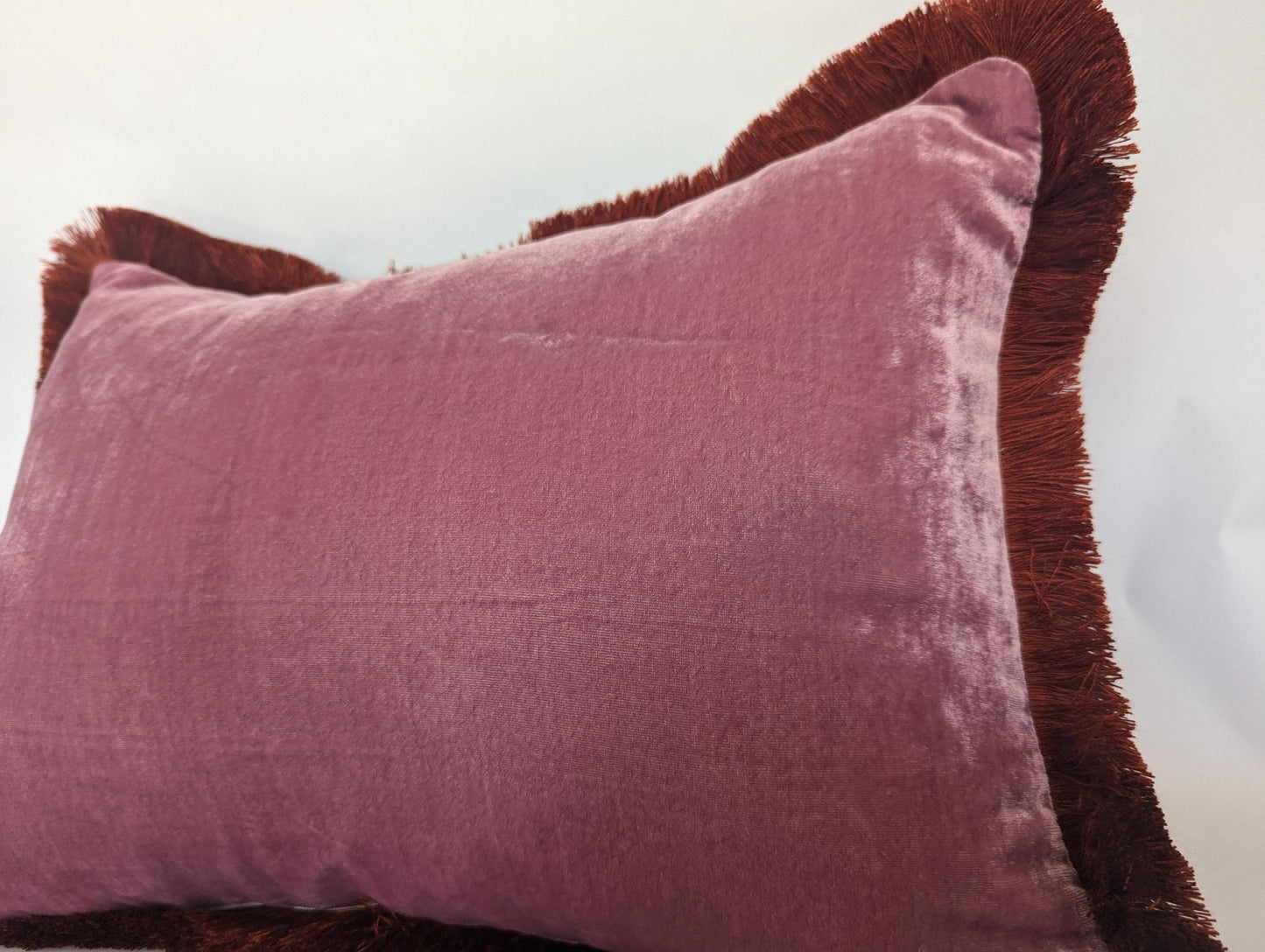 Pink Velvet Pillows , Velvet Cushion, Vintage Rose with Rusty Orange Fringe