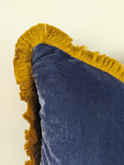 Blue Silk Velvet Pillow Covers - Blue and Gold Fringe Cushion - Royal Home Decor