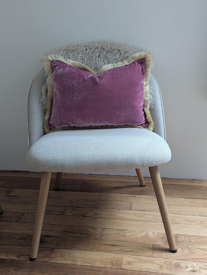Velvet Pillow Cover, Silk Velvet Cushion, Vintage Rose with Ivory Fringe Trim