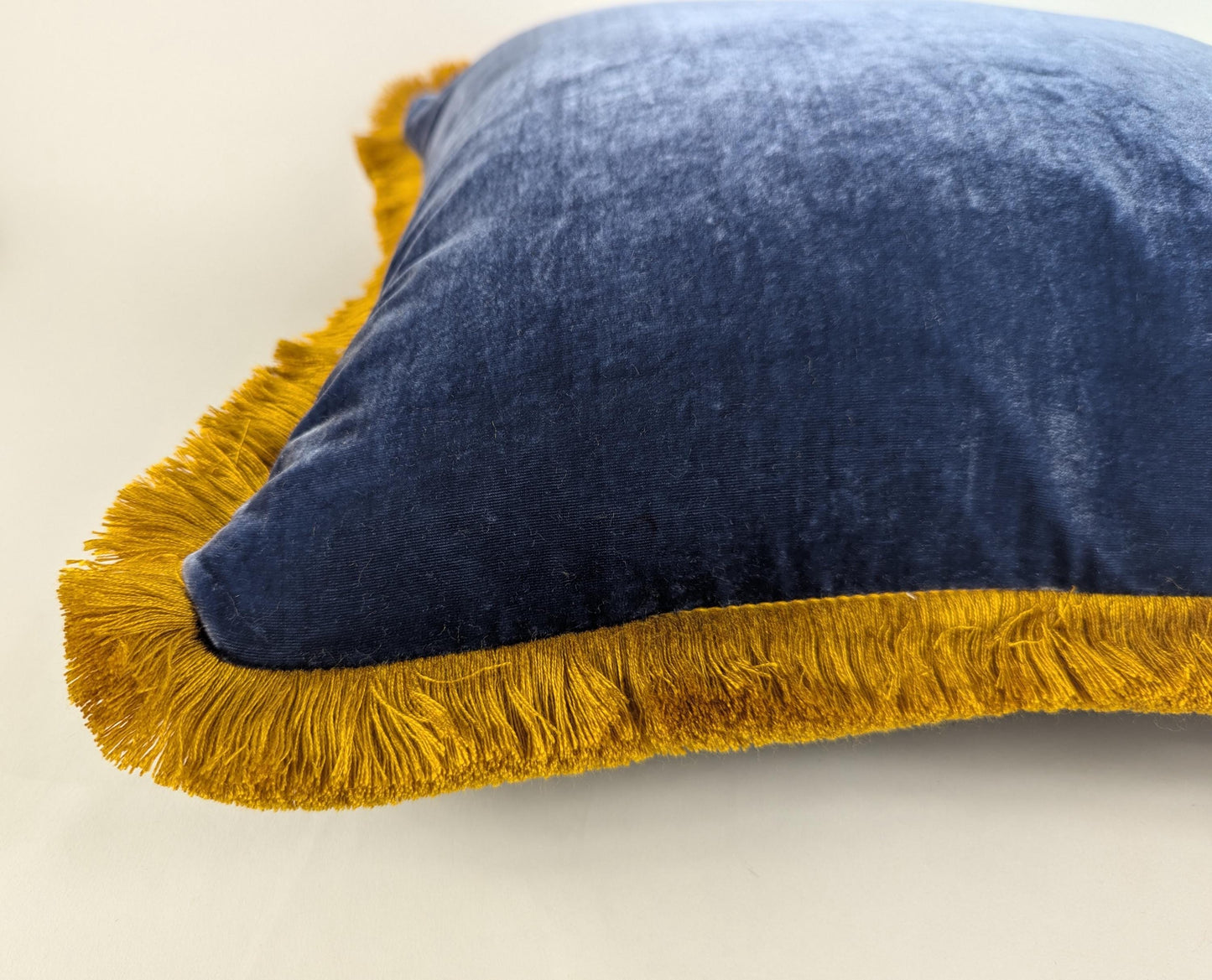 Blue Silk Velvet Pillow Covers - Blue and Gold Fringe Cushion - Royal Home Decor