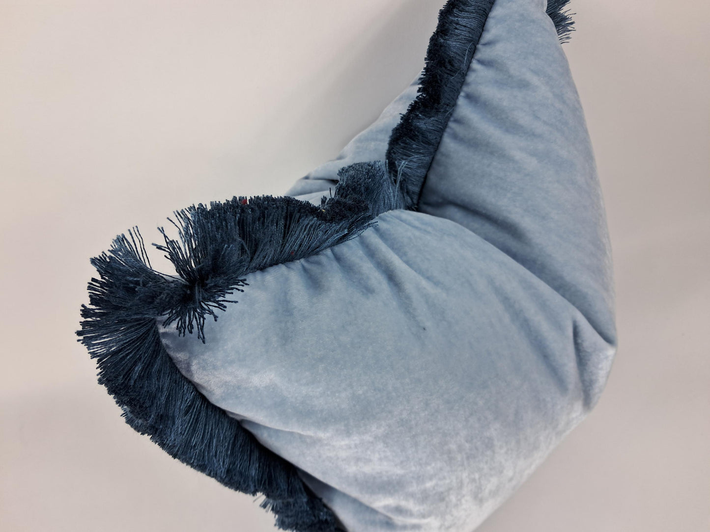 Blue Silk Velvet Pillow Cover, Dusty Blue Fringe Trim Cushion