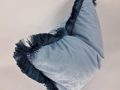 Blue Silk Velvet Pillow Cover, Dusty Blue Fringe Trim Cushion