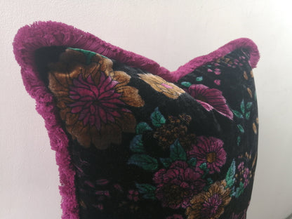 Velvet Throw Pillow, Silk Velvet Cushion, Black Floral with Fuschia Fringe Trim