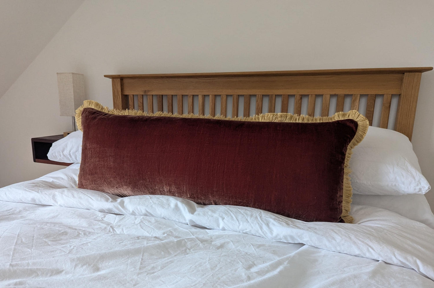 Brown Silk Velvet Lumbar Pillow, Gold Fringe Trim Cushion