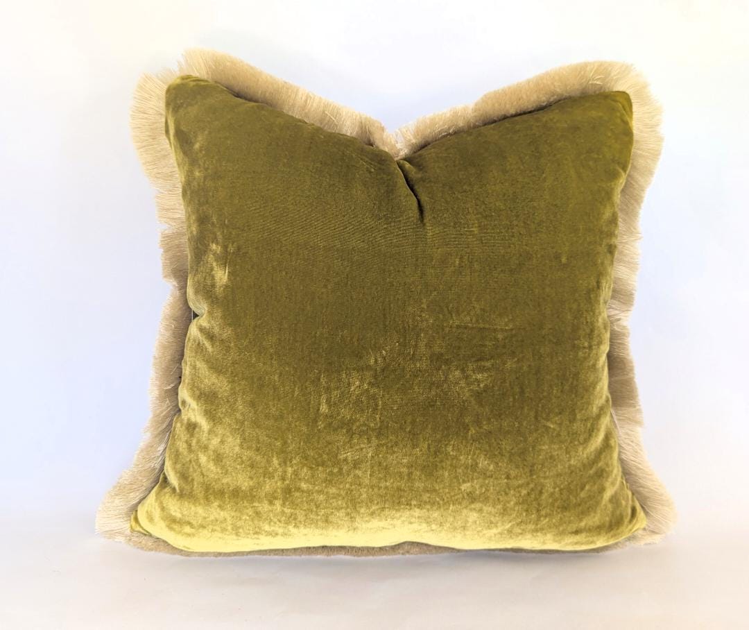 Velvet Pillow Cover, Silk Velvet Cushion, Citrine with Ivory Fringe Trim