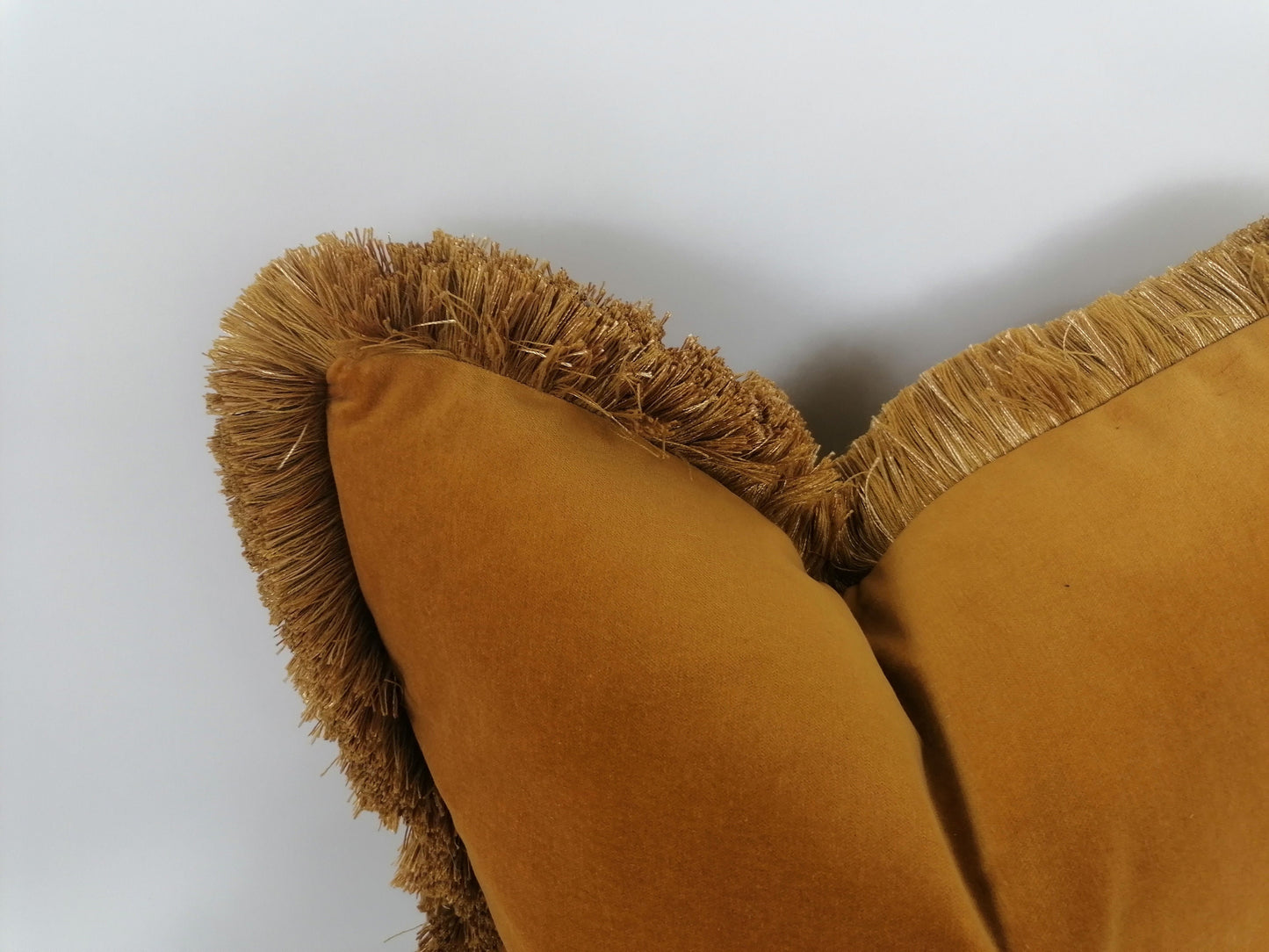 Mustard Velvet Throw Pillow - Gold Fringe Cushion