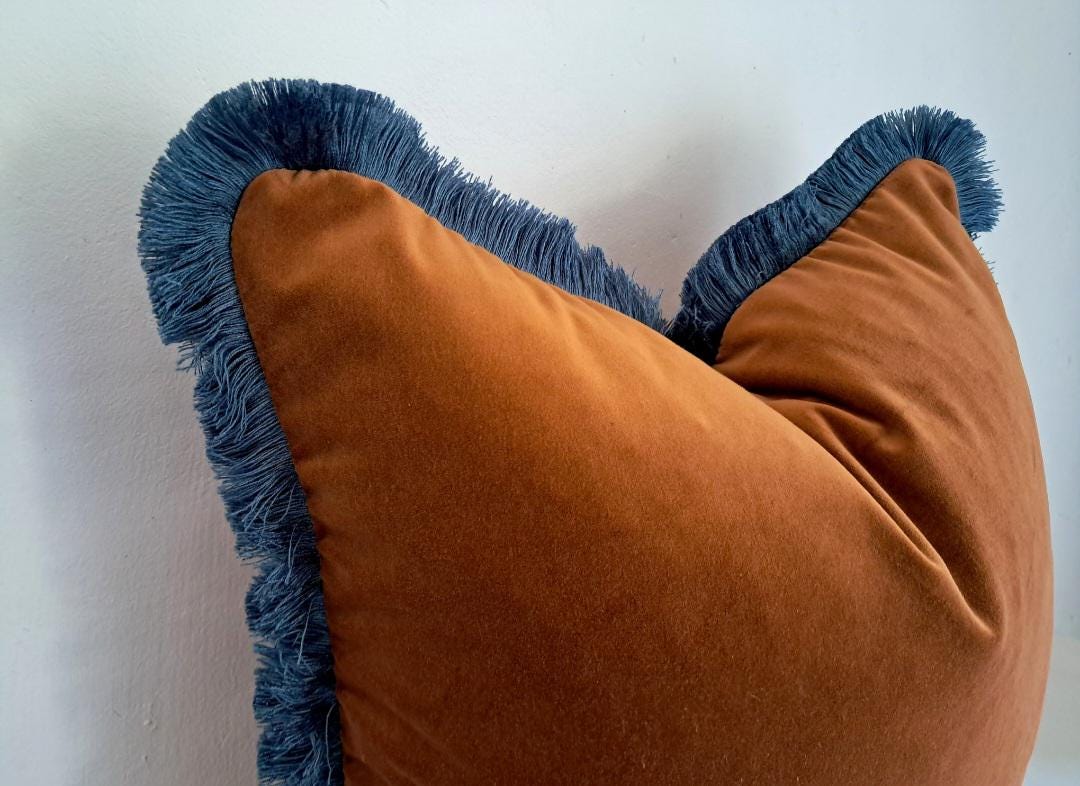 Velvet Throw Pillow Cover, Brown Cotton Velvet Cushion, Rust with Dusty Blue Fringe