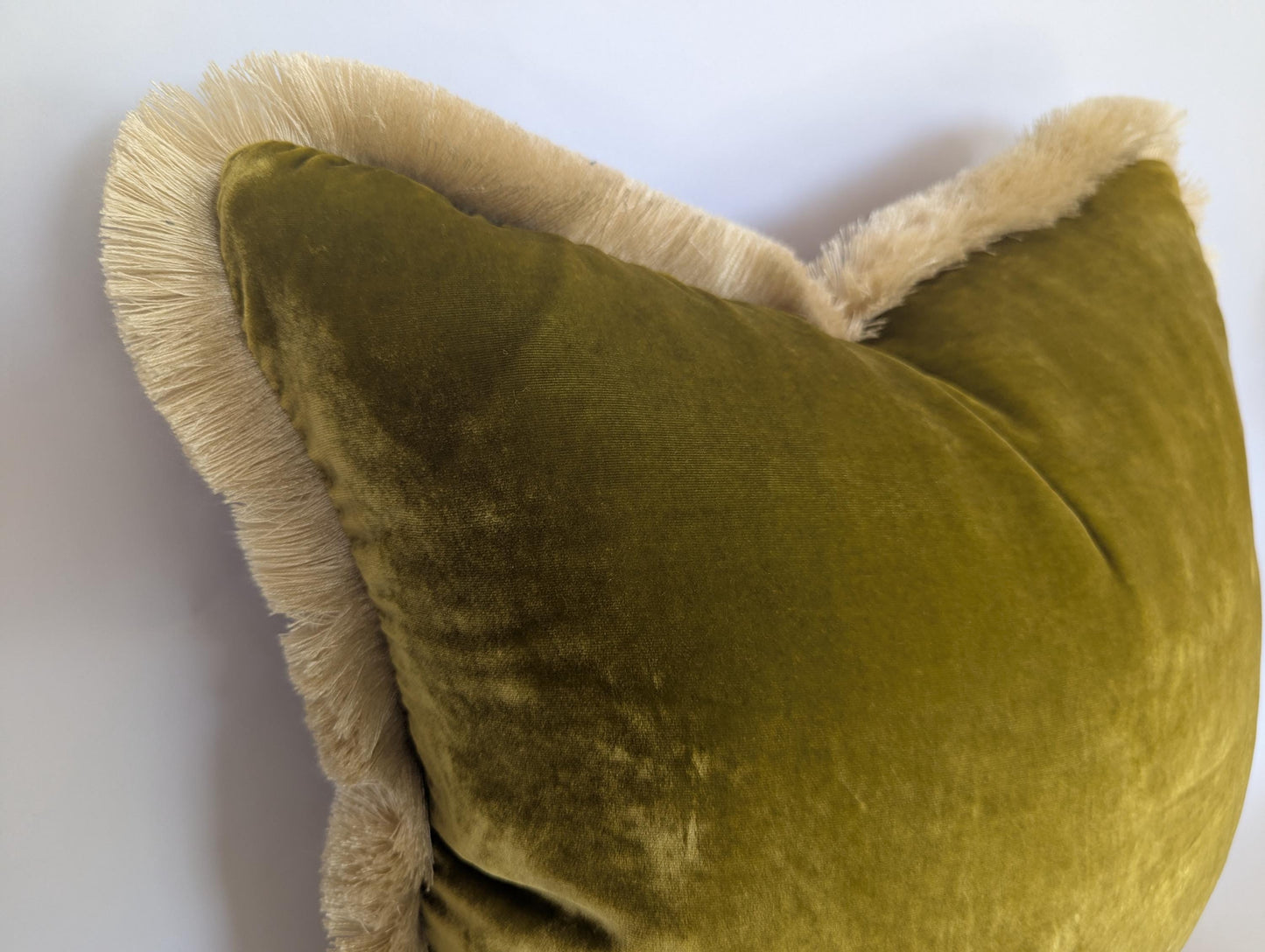 Velvet Pillow Cover, Silk Velvet Cushion, Citrine with Ivory Fringe Trim